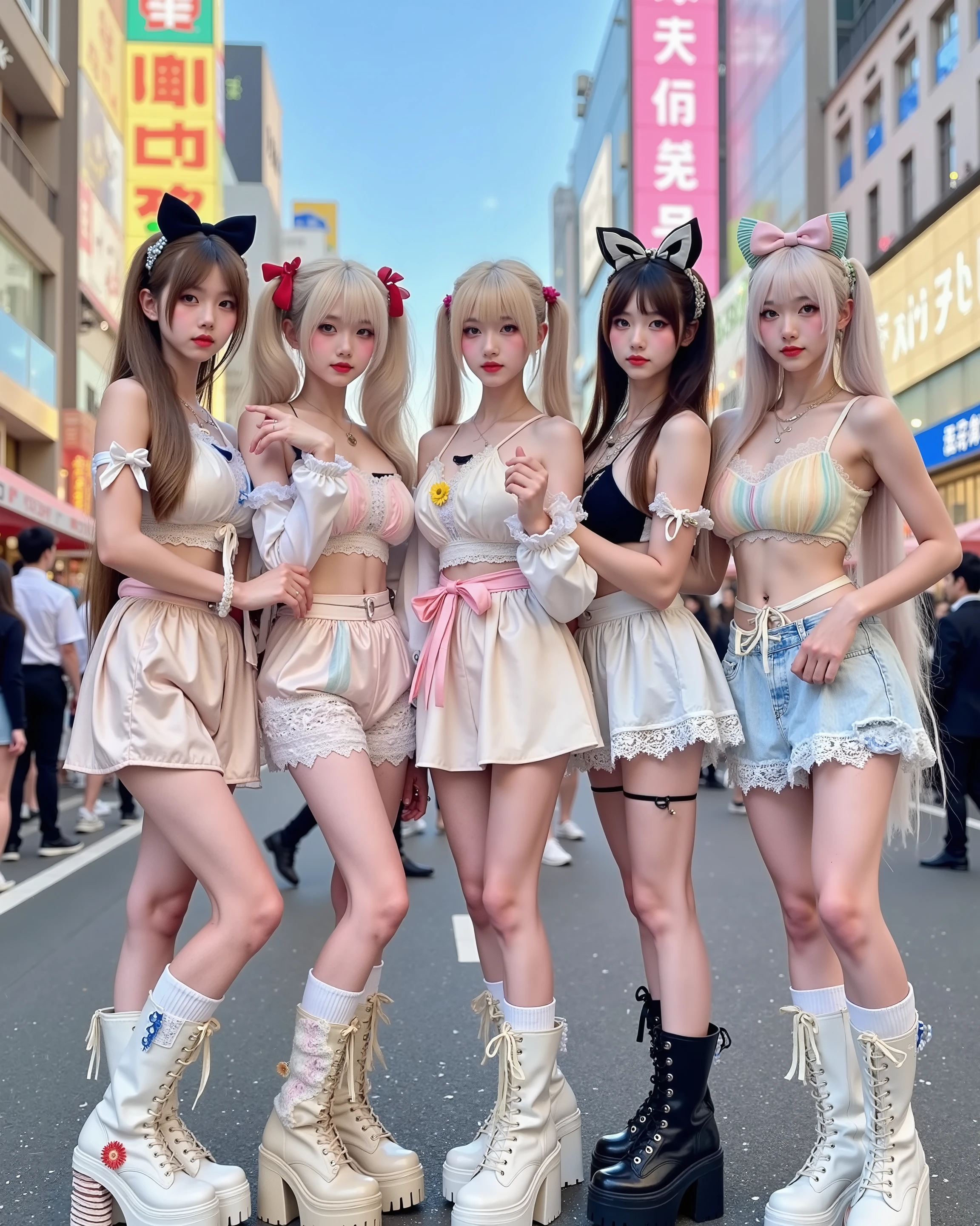 Five energetic "ganguro gyaru" girls standing together in the heart of Shibuya, Japan, with vibrant street life in the background. They have deeply tanned skin, white "panda" eye makeup, colorful eyeshadows, and glossy lips. Their outfits include loose socks, short schoolgirl skirts, crop tops, (((over knee highest platform boots))) . Each girl has a different eccentric hairstyle: blonde curls, twin tails, braided extensions, and bold dyed colors. The setting is around Shibuya 109, with bright neon lights, billboards, and a lively urban atmosphere.