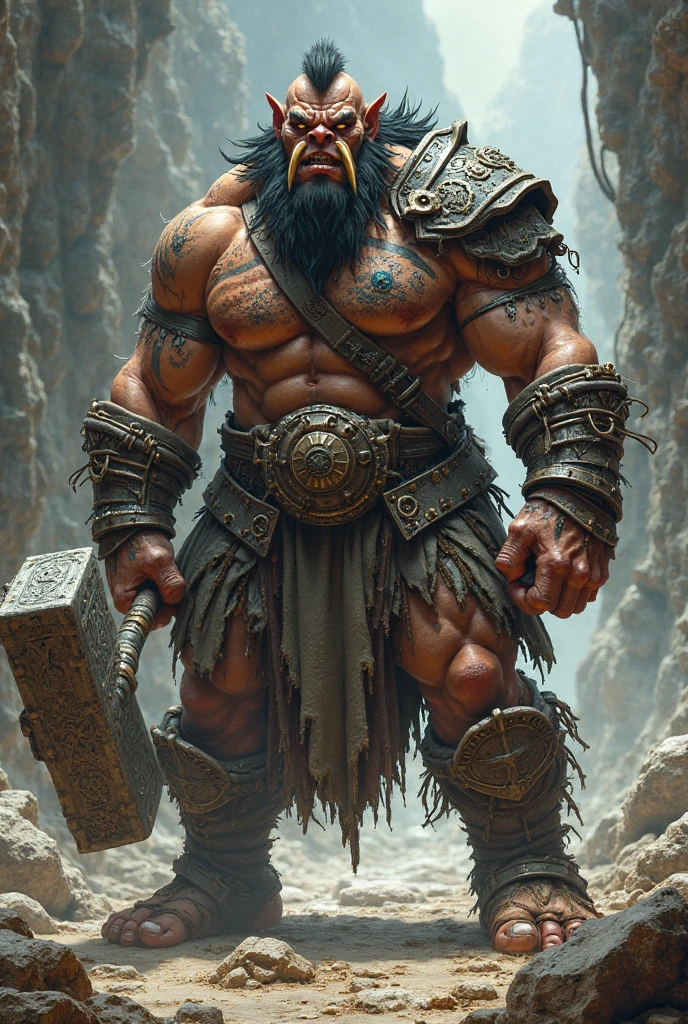 Muscular white man with 2,30m and 130kg of pure muscle. In combat stance carrying a single combat weapon with both fists. This weapon is a large hammer and battle axe.