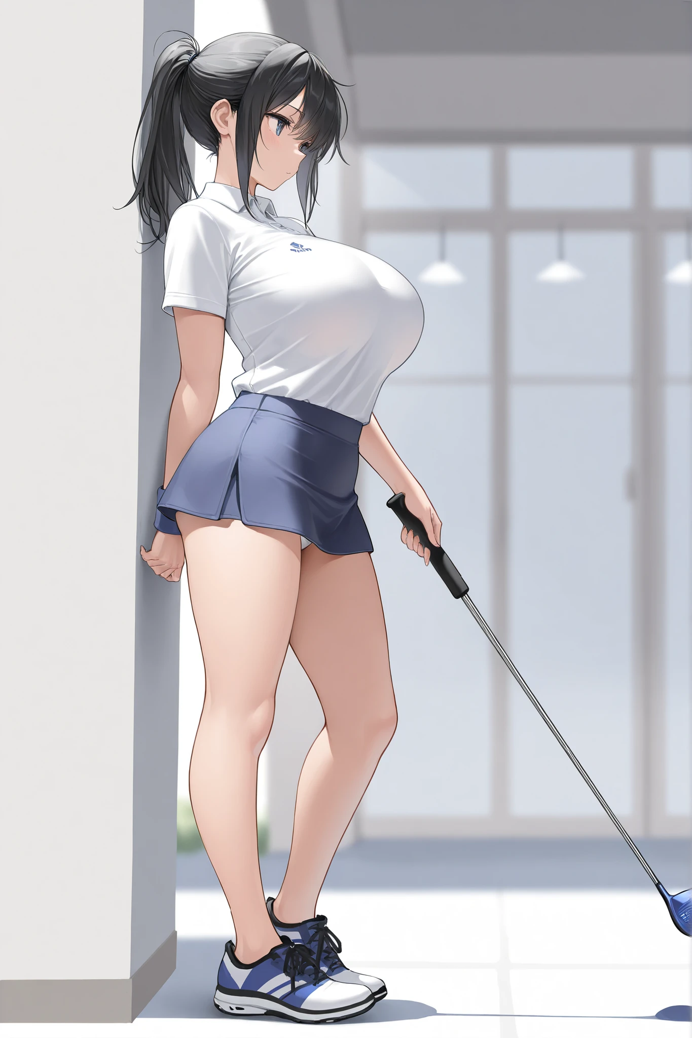 1 female、woman with very long black hair、Busty women、Spectacular views、Night Scene、The view from the top of the hill、Full moon night sky、swirling starry sky、８K、Best Quality、The woman&#39;s whole body is in the photo、The woman is wearing a miniskirt and her crotch is visible.、Standing motionless in golf wear, staring at the ball、The thong is transparent、、With a golf club、Sitting squatting