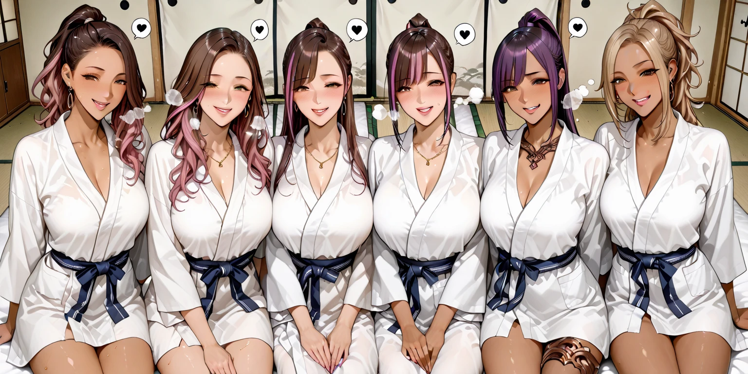 Angle from above、girls sandwich、Two girls are depicted、colorful hair、beautiful girl、highest quality、embarrassing smile、beautiful girl、masterpiece、High-definition images、The belly button is visible、kimono、China dress、cleavage exposure、off shoulder、Thigh emphasis、classroom、25 years old、Mini skirt with slit、slender body shape、camera close to chest