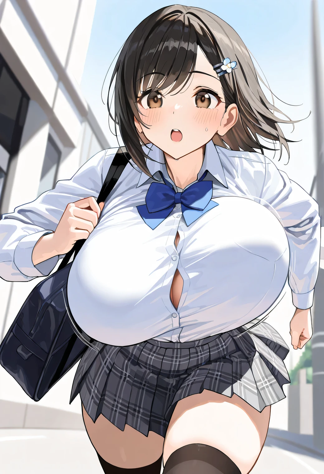 (a closeup、16 K、top-quality、high detailing、rich skin detail、nffsw)、NSFW、Watch everywhere、obedience、a matural female、:o、(Surprised)、((Wavy mouth))、(((very Bigger breasts)))、Parted bangs、、Navy blue pleated skirt、Cream cardigan、Pink Panties、brown haired、Brown-eyed、((short-hair))、(Forehead)、blushed、(big butts)、(thick thighs)、Sweat、In the street、(Panchira)、(Cowboy Shot)
