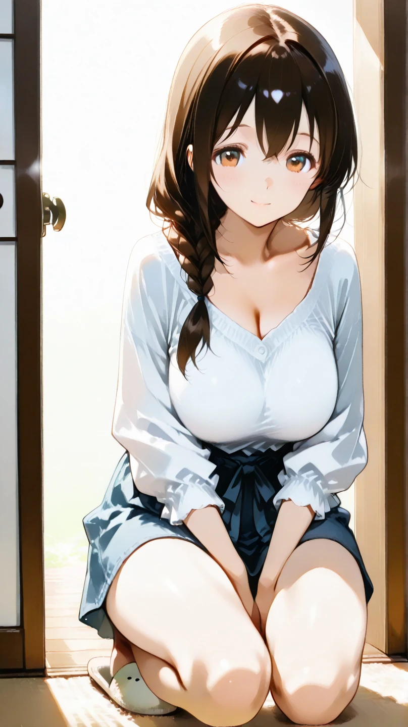 (masterpiece:1.1, Best Quality:1.1, 16K HDR, High resolution), (1girl in, Solo), (Super realistic portrait of Miyuki Nanase, The Kindaichi case file), (((off shoulder, bandaged breasts, bare foots))), ultra gigantic tits, ultra huge cleavage, ultra gigantic , Super huge , (inside a bungalow, inside a cottage, bedroom, snow forest, winter), (Perfect slim body), hyper derailed face, Detailed eyes, Realistic skin texture, ((squatting up skirt pose, Open legs)),
