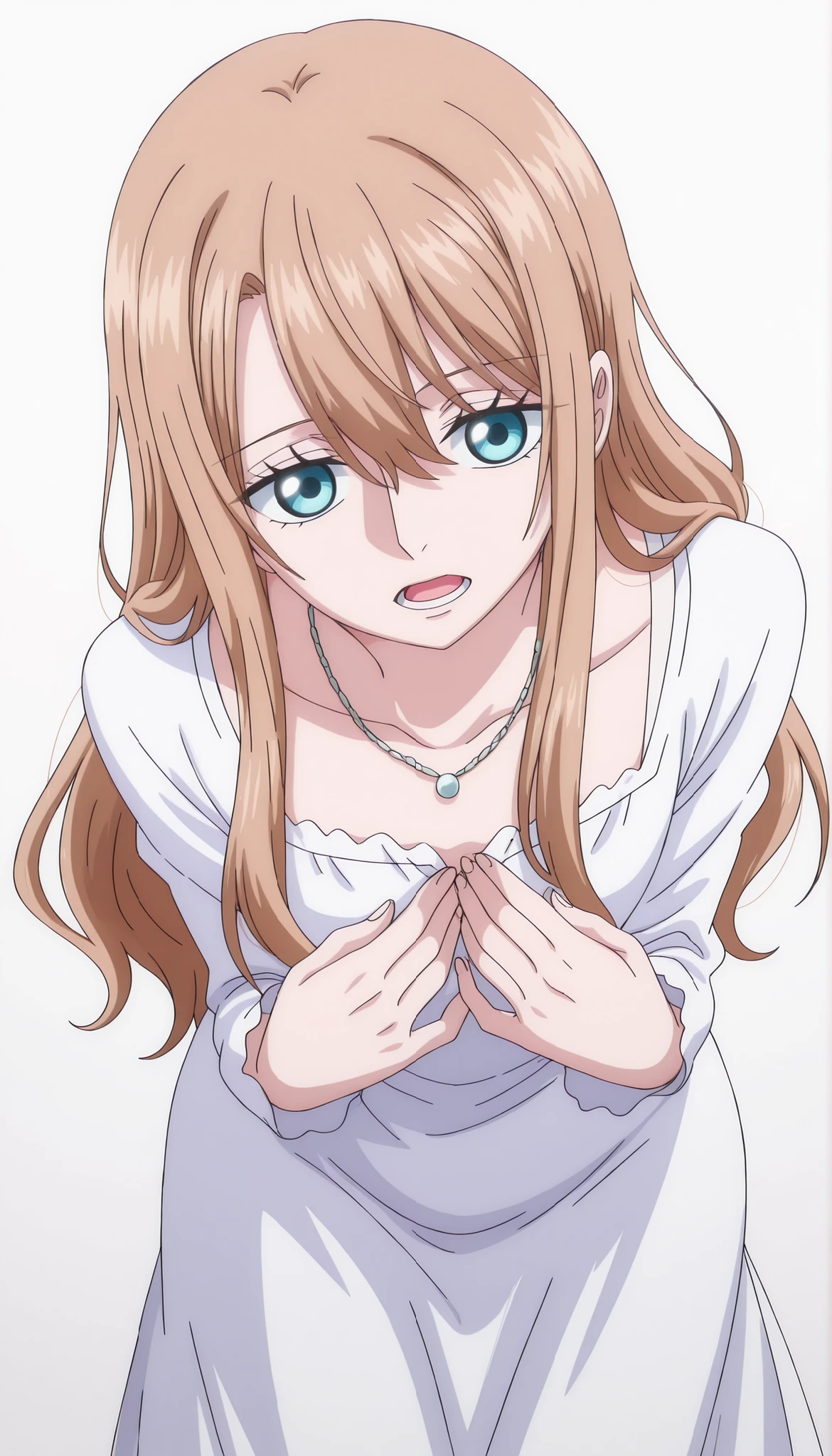 tall girl, 1girl, shiny light, ((aged up:1.5)),long hair, (bangs), hair between eyes, very light brown hair, pale skin, light blue eyes, shiny eyes,(flat chest), necklace, white summer dress, narrow waist, long sleeve ,white background, simple background, anime coloring, anime screencap, masterpiece, best quality, amazing quality, intricate details,(cowboy shot), hands to chest, light open mouth, leaning forward ,light smile, from above, looking at viewer, (very slightly long neck:0.7),