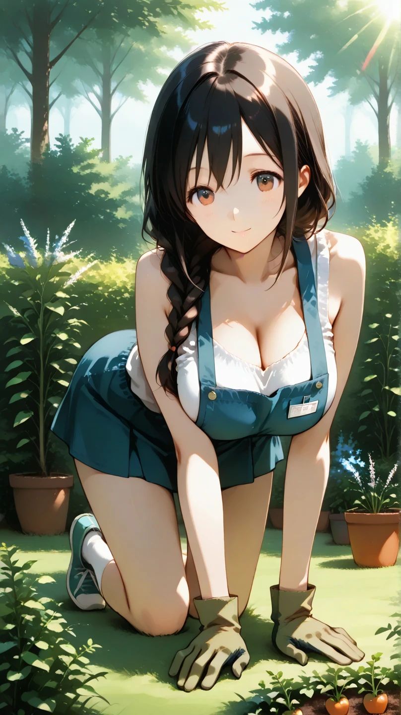 best quality, masterpiece, absurdres, highly detailed, illustration, 1girl, glossy lips, natural lighting, aichan, blue eyes, short brown hair, braid, large breasts, cleavage, sitting, (cheerleader), sleeveless, midriff, blush, (knees bent:1.2), grass, lace panties