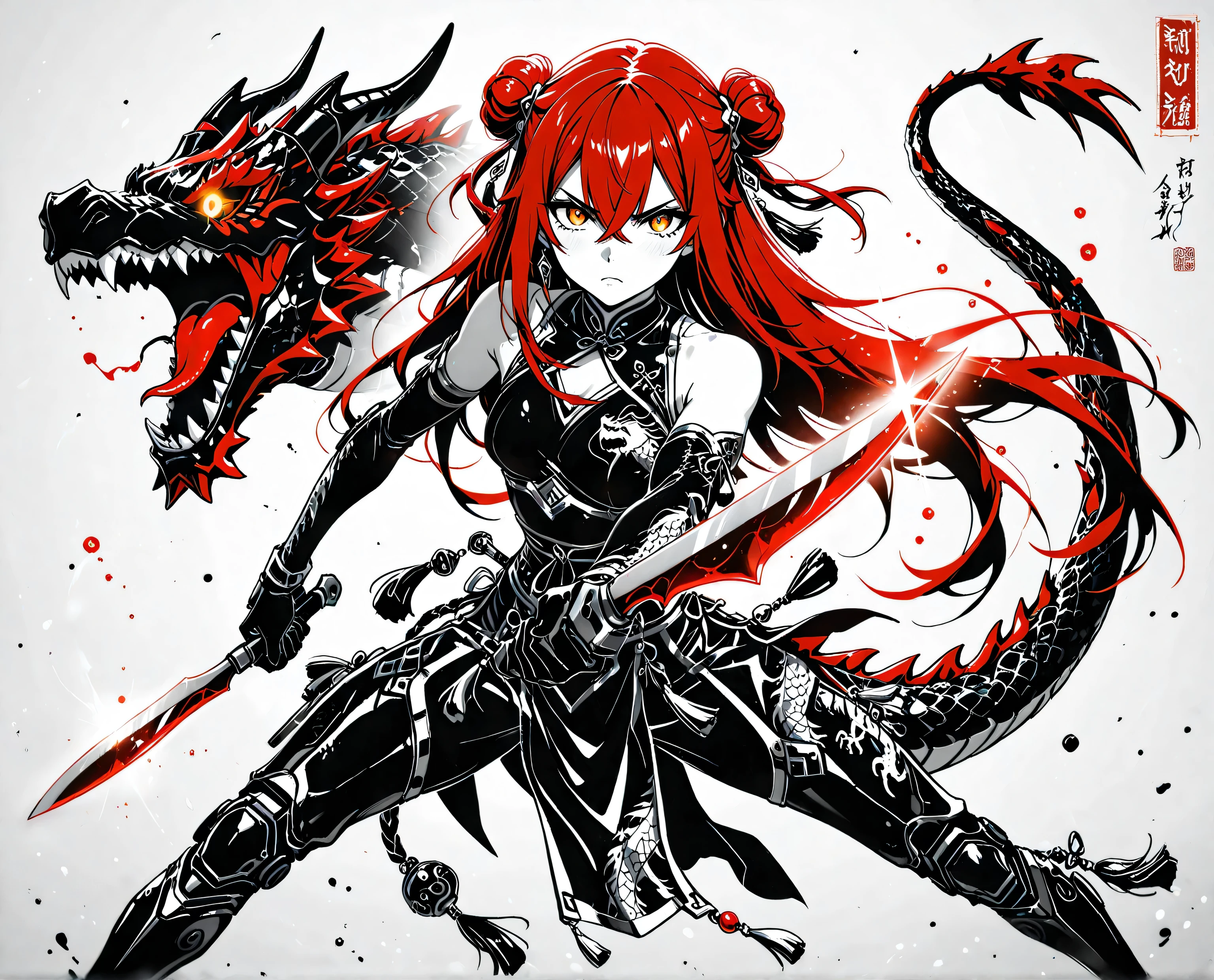 (Masterpiece), (best quality), (expressive eyes), (perfect face), (8k), (extreme detail), (illustration), (absurdres), (highres), (ultra detailed),1 girl , golden eyes , very long hair , long sidelocks, red hair , petite , very cute , beautiful ,Straight hair, cool, handsome, hair between eyes, mediumlarge breast, fused with dragon, dragon motif,  double bun, crossed bangs, tassels, (red/black scales), (scaly exoskeleton), (dragon print), (dragon tail), (triad member), (Chinese assassin), (cute little killer), (trained to kill), (serious), (action pose), (holding knife), (poison-tipped knife), (red poison), (red venom),   Dark color, greyscale, ink \(medium\),  bioluminescent elements, magical light, glow bioluminescent elements, glow magical light, mystical atmosphere, captivating atmosphere, ethereal elements, exude charm and wonder