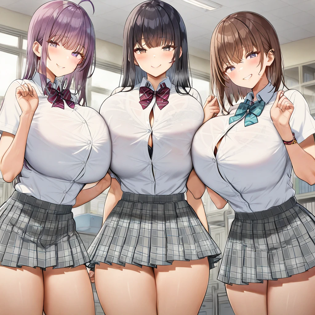 ((masterpiece、Highest quality、High resolution、超High resolution、Pixel perfect、Drawing Boundary Depth、4K、RTTX 10.0、High resolution)))、(Three High School Girls：1.3)、(Perfect Eyes)Beautiful Anime Woman、Beautiful art style、Anime characters、((Long Hair、bangs、Dark Brown Hair、ponytail))、((Beautiful eyelashes))、((Detailed face、smile))、((Smooth texture、Realな質感、Anime CG Style))、Perfect body、Slender body、Exact finger count、Exact number of legs、Exact number of arms、(Cleavage)、((Vaginal ejaculation:2, pregnancy:1.2)), (Three women are standing with their skirts rolled up、Looking Back、The women on either side stand next to the woman in the middle：1.2)、((White fashionable shirt、Checkered Skirt：1.2))、Knee-high socks、(I roll up my skirt myself：1)、Real、Slender body、Highest quality、High resolution、非常にDetailed face、Perfect lighting、Extremely detailed CG、(Perfect hands、Perfect ???????)、(Huge breasts:1.5)、whole body、((Stylish white panties:1.2))、(Exquisitely designed luxury underwear for adults、パンティのHigh resolution画像)、Angle from behind、Looking back