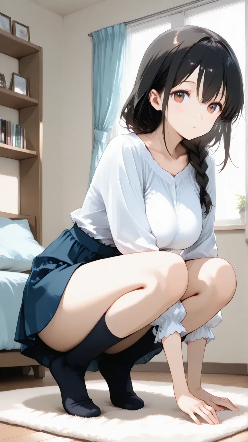 very cute and beautiful girl,(Very detailed美しい顔), (smile),blush,Black Hair,Seraphim,((White Hair、long hair)),(White Shirt、Pleated navy blue pread your legs、Squat)、Sitting、(From below)、(Lace panties), Country road, (Highest quality,masterpiece:1.0),Absurd,High resolution,Super detailed,Very detailed,32K,8k resolution, Intricate details,Movie Scenes,Detailed Background,alone,Dynamic Angle,