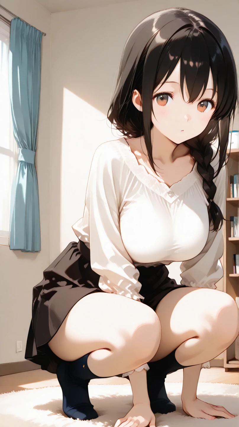 One girl, highest quality, Super detailed, masterpiece, Ultra-high resolution, 8k, Ridiculous, Cowboy Shooting, Focus on the girl, Embarrassing, blush, Lovely, Close one eye, With tears in her eyes and her mouth open, What saliva leaves behind, (arms behind head), (wariza), (sweater dress), Sticky panties, White lace panties, Classroom Background, (Videl:1.2), The skirt is accidentally exposed,large breasts, Accidentally exposed panties, Absolute area, Black knee socks