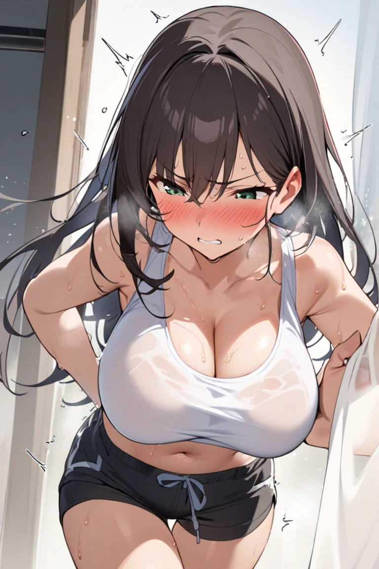 1girl, he saw \(dragon ball\), dragon ball, Highest quality, Super detailed, masterpiece, Ultra-high resolution, 8K, Embarrassing, blush, Lovely, Close one eye, With tears in her eyes and her mouth open, drooling, (arms behind head), wariza, (off-shoulder white shirt, micro mini skirt), cleavage out, crop top navel, medium breasts, Absolute area, Waistline, (Shower room, I take a shower)