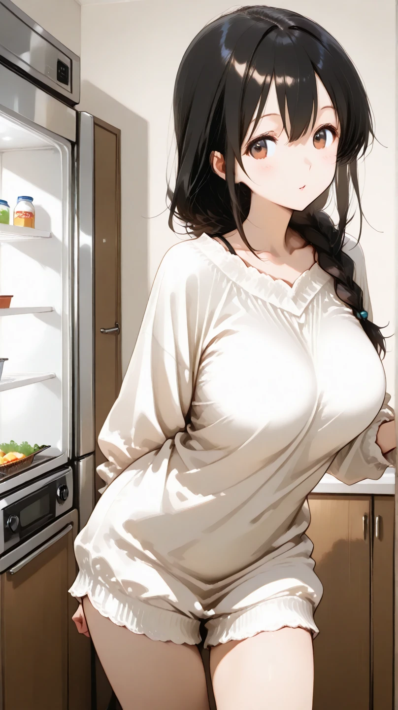 hyuuga hanabi, long hair tied low, hair band, hana purple eyes, beautiful, beautiful woman, perfect body, (((thick thighs))), perfect breasts, wearing white pajamas, pajamas, sleepwear, in the kitchen, clear kitchen, looking at the audience, a slight smile, realism, masterpiece , textured leather, super detail, high detail, high quality, best quality, 1080p, 16k