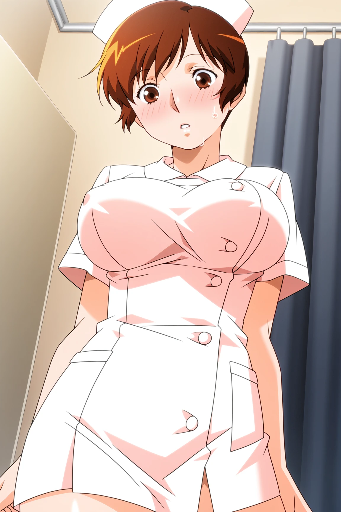 ((Hi-Res Lucifer)),masterpiece, high quality, 最high quality, beautiful,8K、 perfect lighting, detailed face, super cute face,((NSFW))、((1 girl)), ((Ar○ne), ((short brown hair、brown eyes,)) ((blush)),((Forehead))、:d、parted bangs、asymmetrical bangs、((white leotard、crystallization、sf suits、white knee socks))、(Chubby), (thigh height), (wide hips), ((thick thighs))、put your hand on your waist、huge breasts,cleavage, perky chest, 24 year old female、Are standing