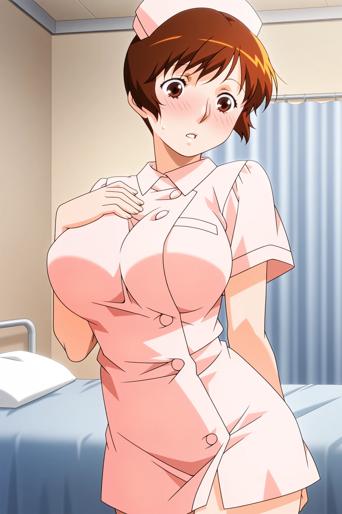 (8K、Highest quality、highest quality、masterpiece)、Detailed face、One girl、 Black Hair、short hair、、blunt bangs、Grey Eyes、evil smile、((Grin))、((White nurse uniform))、((Mini skirt with holes))、Cowboy Shot、((bent over))、hospital、Hospital room、Very large breasts、cheeks are bright red、Blushing、in trouble、White nurse uniform、nurse、Cleavage、Nipples are visible、Breasts on tray、Milk coming out of the nipple、Milk drips from the nipples