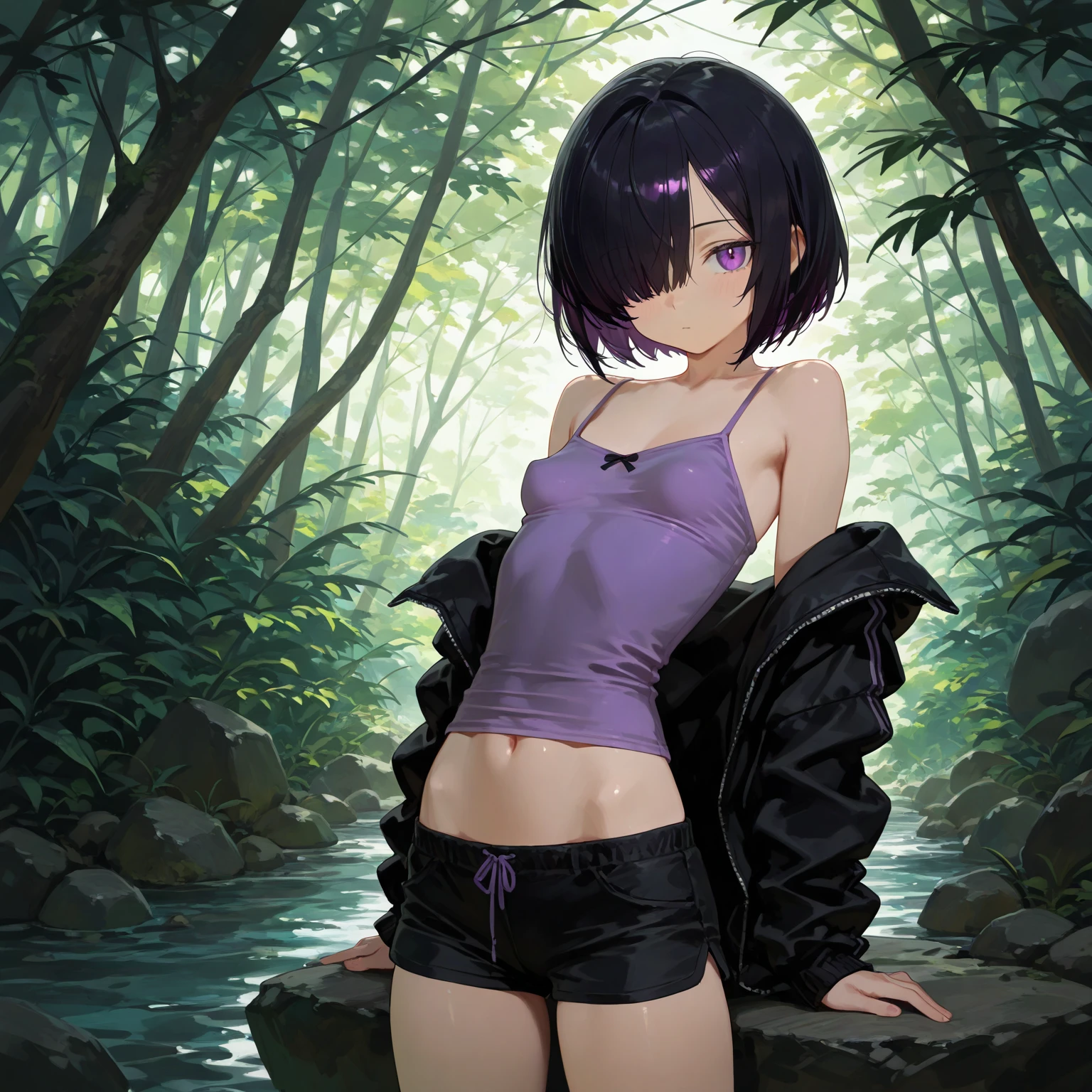 Anime female in bright forest mushroom witch in a 80s anime aesthetic, dark blue hue, attractive style, dynamic light and shadow, Blue bikini, clean nosed face, teasing lips, blurred background, blush, teasing face, glowing eyes, full body shot, Makoto Shinkai and Ghibli studio, soft lighting, high detail, incredible quality, trending at art station, masterpiece, 8K, (deus ex), artstation, pixiv, (((pixivision))), trending, detailed anatomy, high resolution, 4k, view, landscape, sky, sunset, golden hour, reflective, intimate, nice thighs, plump thighs, (((soft thighs))), shiny, (((wet))), sweat, ((fluid)), anime, perspective, depth, (((godrays))), Latexx. cleavagee.
