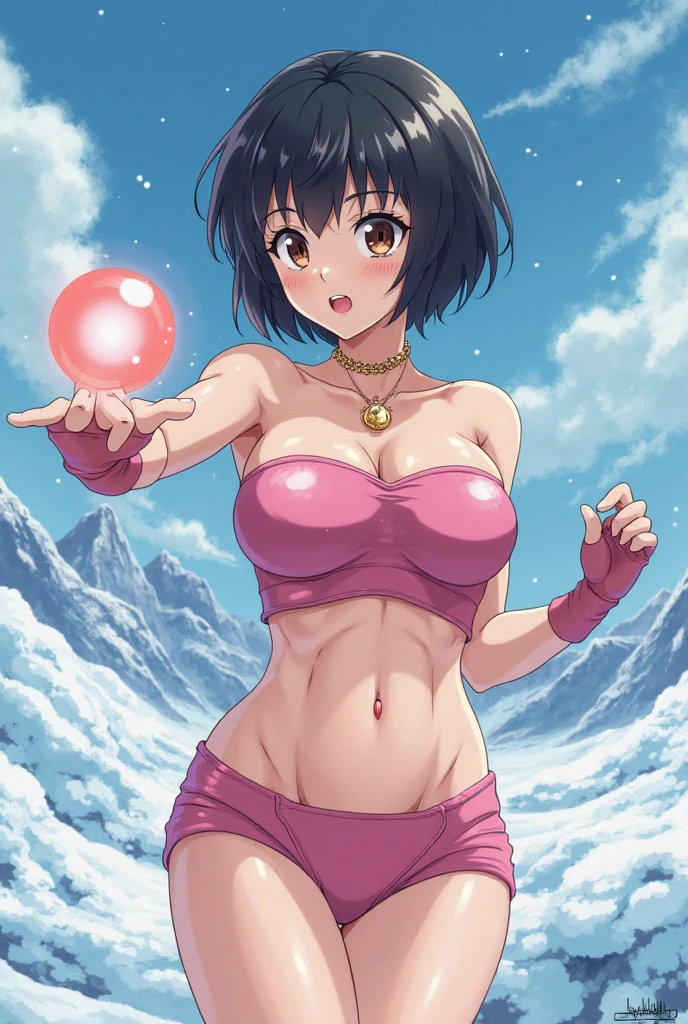 "(masterpiece:1.1), best quality,
1girl, (80s anime style:1.3), (eyelashes:1.5), (loli:1.2),
(intricate high detailed body:1.2),
(black hair:1.1), (hair slicked back:1.2), (very short hair, pixie cut:1.1), (tiara:1.2),
purple eyes, (red lip stick:1.3),
(dark skin:1.2), (muscular body:1.1), (gigantic breasts:1.5),
(grin:1.2), open mouth,
(see-through cloth bikini armor:1.2),
(knight armor, armored boots:1.2), (belts:1.1), (jewelry:1.1), collar,
standing,
(upper body, cowboy shot, looking at viewer, from front:1.1),
(daytime, grassland, outdoors:1.1)"