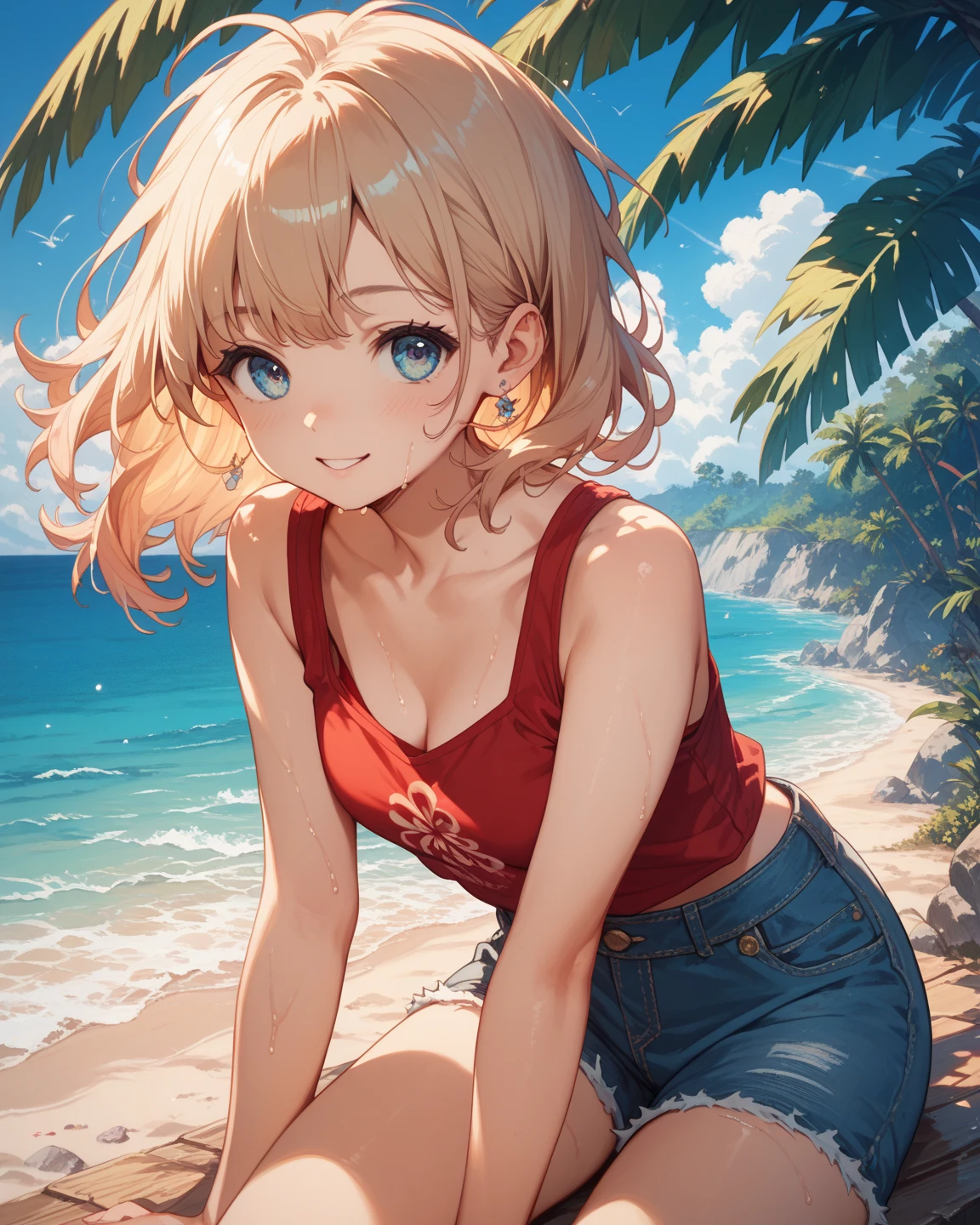 topquality, (((Girl 1))), Perfect skin, realisic skin, Full HD, Detail Skin, High Sharp, 8K, The skin is shiny, Sweat Day, Coastal town, Beautiful pop music, ((The species is close to the Yazoditsy:1.4)), Beautiful panties, lace, ((stands on all fours)) , The pores of the skin shine, (dark skin:1.4), suntan