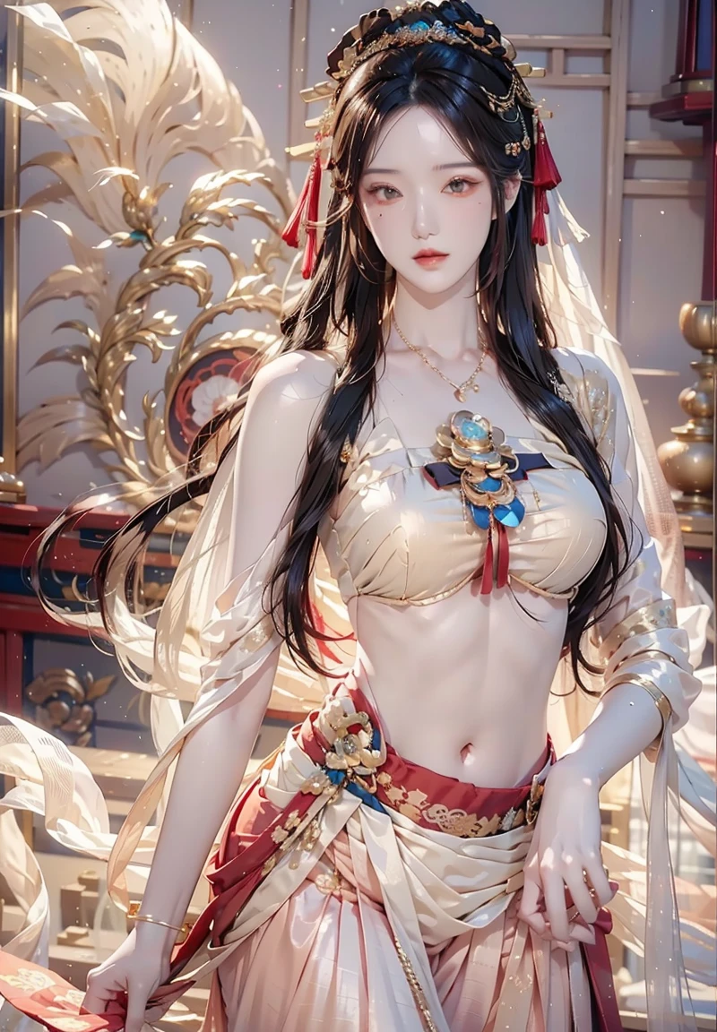 Beautiful girl with black hair and bangs,Hairpin,Hair bundles,cleavage,Thong,imperial concubine clothing,Long skirt,,sandals,Standing(Delicate face:1.2),Chinese Palace
