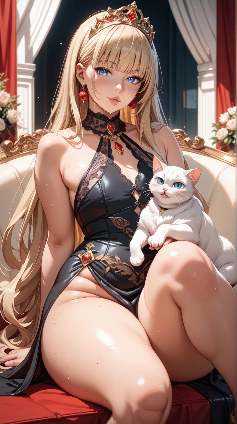 (hyperrealistic), (illustration), (high resolution), (8K), (extremely detailed), (best illustration), (beautiful detailed eyes), (best quality), (super detailed), (masterpiece), (wallpaper), (detailed face), solo, 1 girl, white wavy hair, korean, heterochromic eyes, small moles under the eyes, maid outfit, big breasts, long legs, tight abs, (camel toes), (black stockings), (no panties)