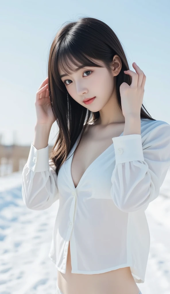 realisticlying，A high resolution，softlighting，1 female，独奏，hip-up，shiny skins，（Detailed face），Tattooed with，jewely，Secretarial uniform，white  shirt，Black dress，blackstockings，a garter belt，the night，blond hairbl，curlies，Invite the eyes of the audience，lover&#39;s perspective，Inviting emoticon，rnsexy smile，Perfect style，Perfect balance，Delicate skin，mischievous gaze，chest visible，snow mountains，Ice Lake，chies，small town，Large expanses of snow