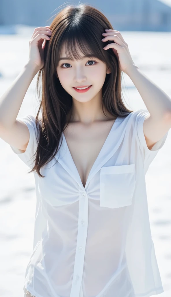 Woman sleeping in hammock、Woman sitting in hammock、((top-quality、8K、masterpiece:1.3))、foco nítido:1.2、Beautiful Women in Perfect Style:1.4、Slender Abs:1.2、((dark brown hair、Colossal tits:1.2))、(natural soft light、Mare、beach、the beach:1.1)、Highly detailed facial and skin texture、A detailed eye、二重まぶた、((Wearing cute summer clothes))、A smile、