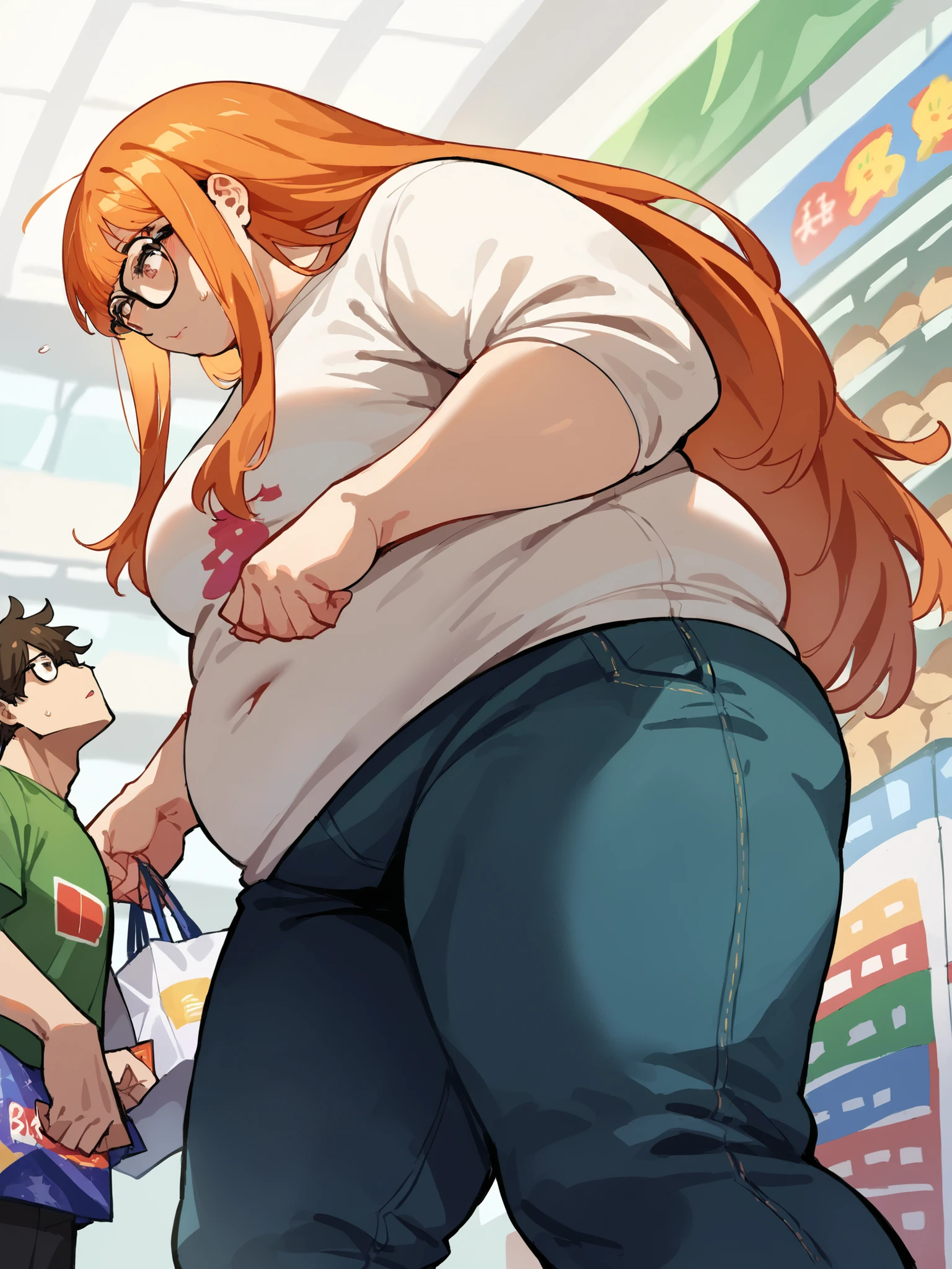 Score_9, score_8_up, score_7_up, score_6_up, source_anime, shopping mall background, low angle, from below, 1girl, 1boy, duo, larger_female, smaller_male, size_difference, standing, looking down, BREAK, futabadef, orange hair, long hair, blunt bangs, glasses, chubby fat female, BREAK, fat, chubby, obese, fupa