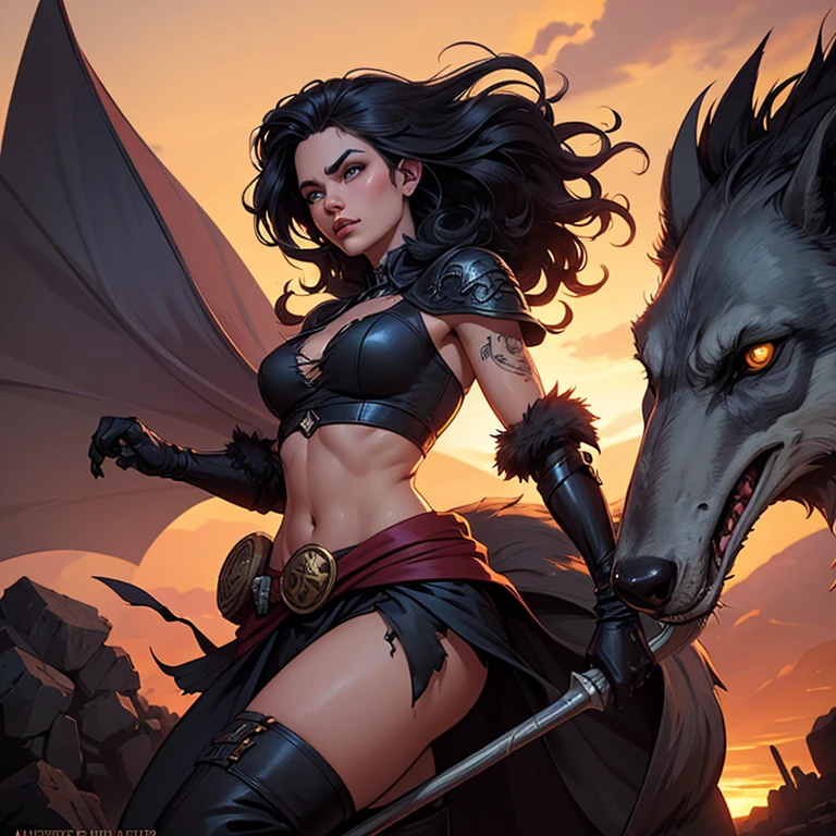 (((1 Female))) barbarian, full body, short hair, black hair, bright yellow eyes wolf fur coat, pants, red hood, axe, muscular, war paint, black forest, shadows