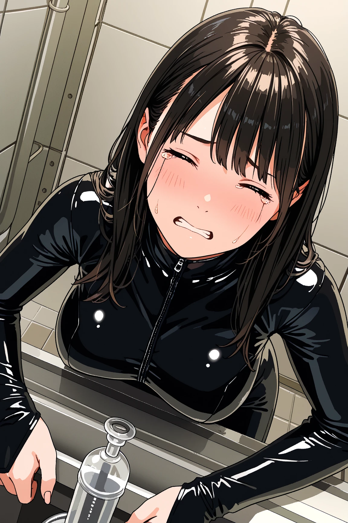NSFW,(super fine illustration,8k cg wallpaper,highest quality,very detailed,ultra high resolution,best aesthetics,anime colored),(cowboy shot,From front),IdolMaster,((rin sibuya)), (16yo, beautiful girl), (beautiful dark green eyes),((((beautiful black hair)))) ((long straight hair)),(wet hair), (shiny hair), (beautiful pale orange skin),(shiny skin),(wet skin),((blue cycling clothes:1.5)),(open clothes:1.3),(slender),(small breasts), ((pubic hair:1.3)),(bsp, pussy juice dripping,pussy, pussy slip,no makeup, sweaty body),(no bra),(no panty), ((spread legs)),(((spread pussy:1.3))),((steam)),(scatter sweat),(one eye closed), (out tongue),(open mouths),(evil smile),(Nice touch),((turn your arms behind your back)),(Bukkake, cum on body:1.9),(Bukkake, cum on face:1.3),((Bukkake, cum in hair:1.3), (((multiple boys, peeing on a girl, facial, cum on mouth, cum on body, multiple penises, , gangbang, penis on head, holding penis))),ecstasy torogao, saliva trail, nose blush,pleasure vaginal penis,cleavage of the breast,bicycle,loadside,