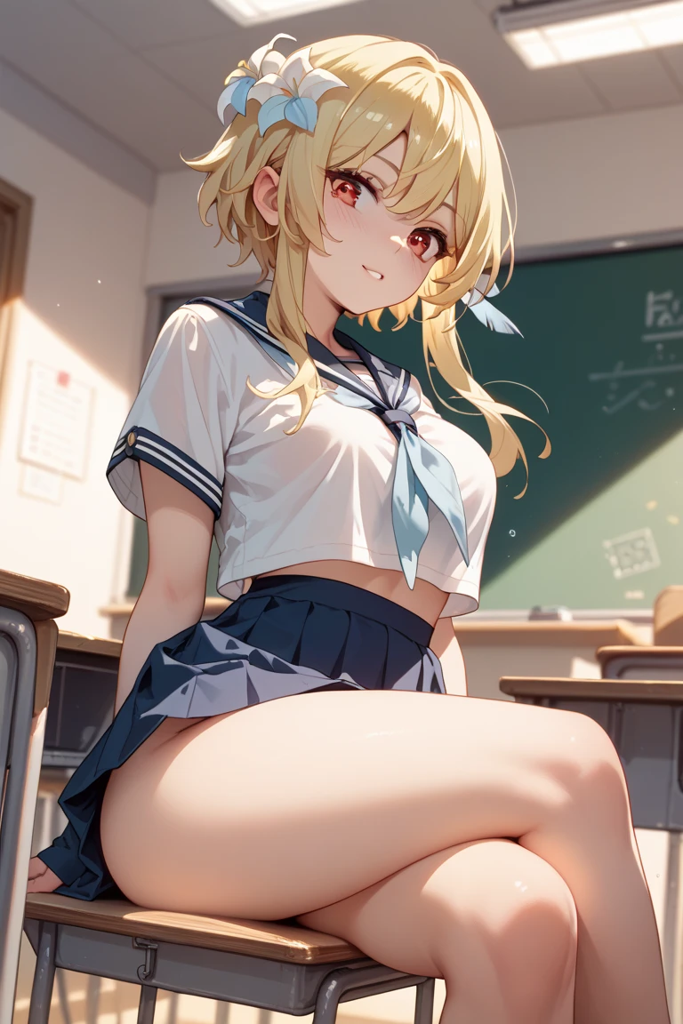 eliayase, eli ayase, yellow hair, blue eyes, ponytail, hair ribbon,
BREAK otonokizaka school uniform, pleated skirt, school uniform, short sleeves, skirt, summer uniform, sweater vest, (yellow sweater vest:1.5),
BREAK looking at viewer,
BREAK indoors, classroom,
BREAK (masterpiece:1.2), best quality, high resolution, unity 8k wallpaper, (illustration:0.8), (beautiful detailed eyes:1.6), extremely detailed face, perfect lighting, extremely detailed CG, (perfect hands, perfect anatomy),(stripe panties:1.5), sitting on desk, spread legs, open legs, knee up, leaning back, small breasts, (short, tiny, little:1.5), blush, embarrassed,from below, cowboy shot, dutch angle