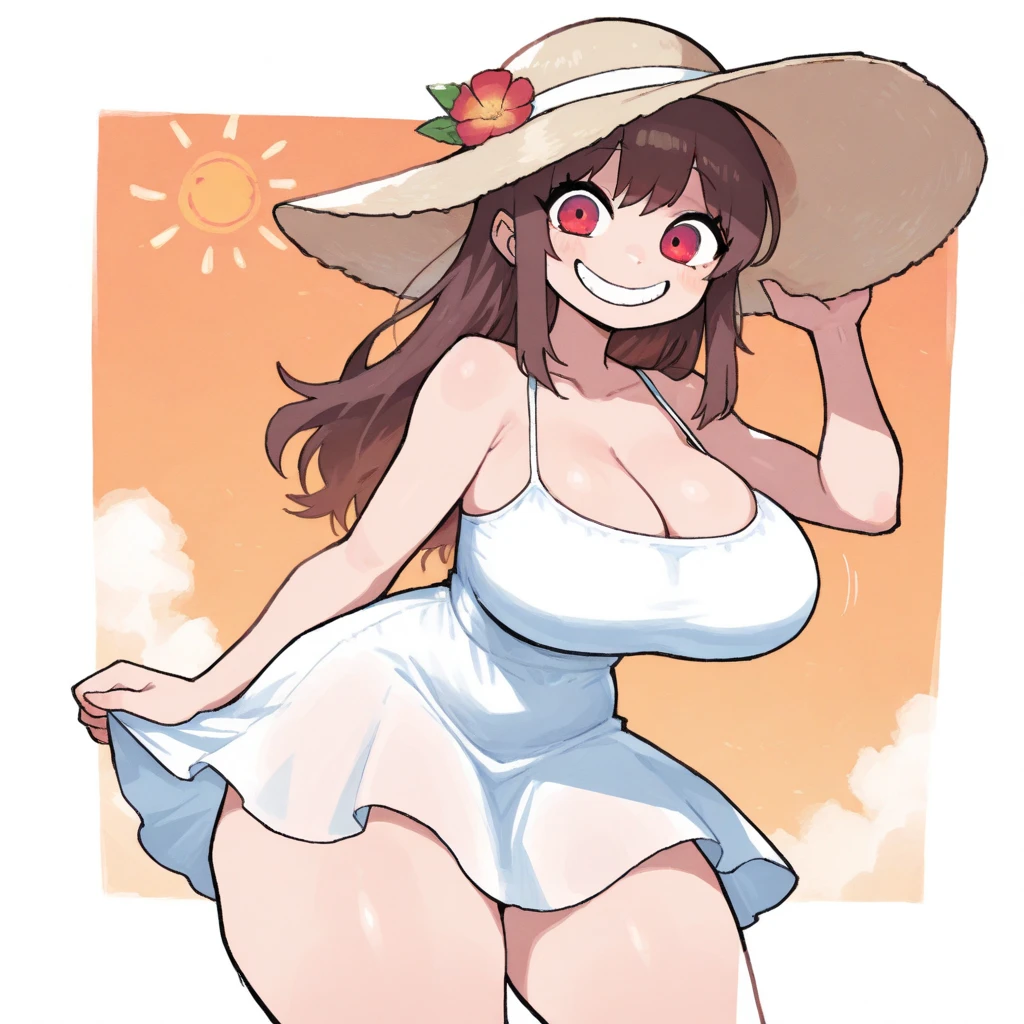 the entrance to a beach resort, a chubby girl next to the entrance, very chubby, large belly, massive thighs, large breasts, tight clothes, softly smiling, standing next to a sign that says 'Opu Nui Beach & Resort', palm trees, in front of a beach, wearing hotel atelier clothes, standing beside the sign, resort in the background, tall, wearing a large white sunhat, gesturing to the sign for the resort, very sexy, very fat, obese, beautiful woman