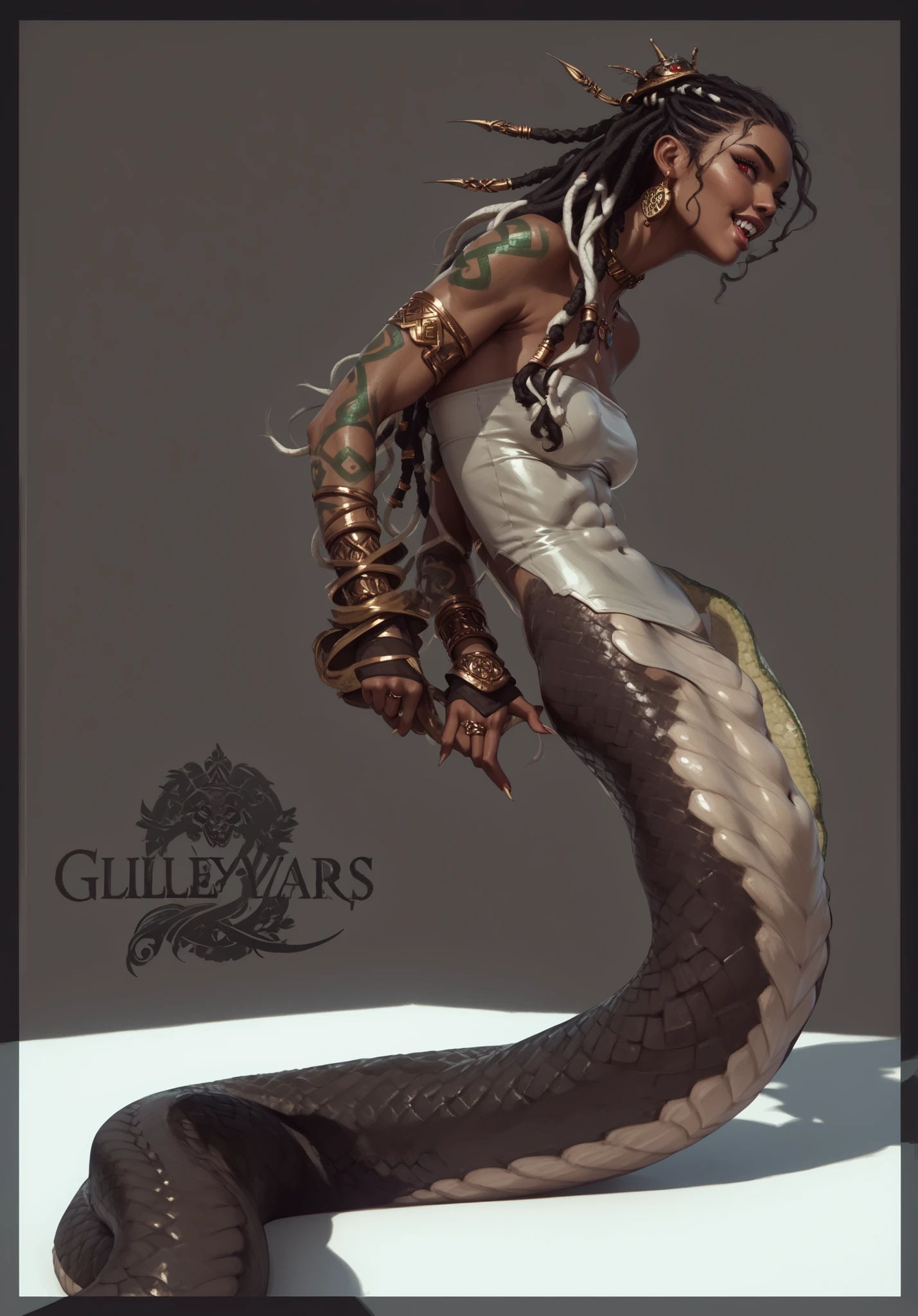 Slender green body. Dark green shiny snake-skin. White snake-latex-skin all over her body. Cute 18-year-old Aztec naga-girl with Asian red eyes and unnaturally sharp teeth and dreadlocks with white highlights. Lamia with green snake-skin. Sharp and pointy teeth. She has a cute and beautiful face. She has a round and young face with a pointy chin. Her body is athletic with abs. She wears all-black intricate leather bandeau. Background: medieval jungle ruins. Realistic lighting. DnD art-style. fake box art, semi-realistic, Looking at the viewer.