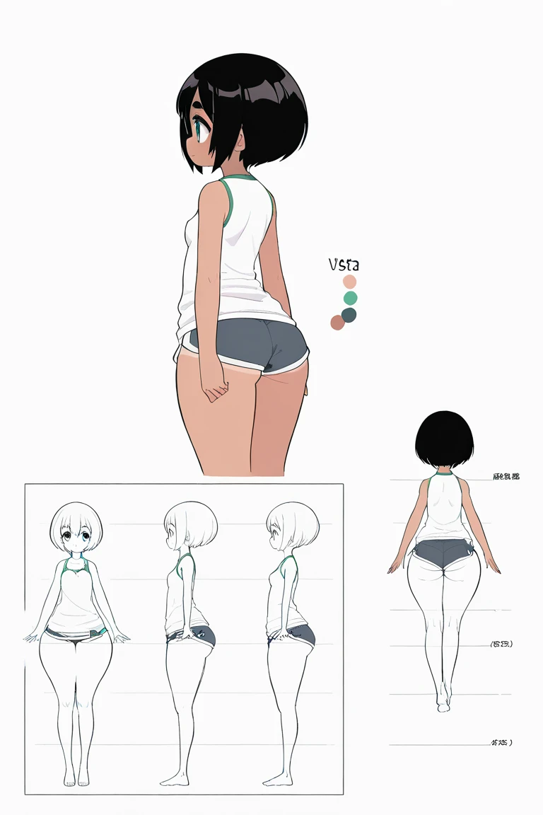 a girl crouches on a rock near the water in front of her navel flat chest, the back view of a lady in tight panties on her phone device and showing off her back, four pictures with different expressions in the same drawing style each shows one woman and two other girls, a few cartoon images of the same female character that i'm not sure what this is, a young girl touching her stomach and her breasts, a collection of sketches of several women, two pages show a woman in underwear next to another girl wearing a thongy panties