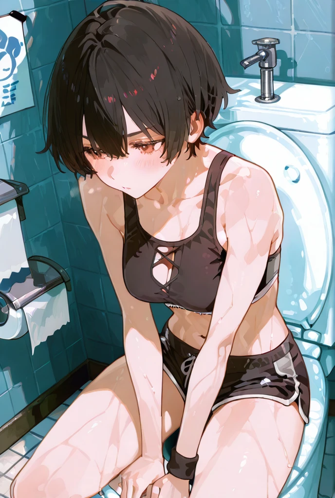 Japanese women，Black Hair，Short Bob、Visible nipples、Large size breasts、J cup breasts、Painful face、it hurts、forward leaning posture、Water closet、Woman urinating into a toilet、incontinence、Sports Bra、On all fours、Spread your legs、Electric shock、Cleavage、Sweat、barefoot、Grit your teeth