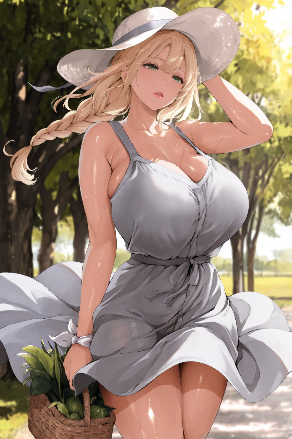 (masterpiece:1.2, best quality), (1lady, solo, up Qa per body:1.2), clothing: white flowing long skirt, wide-brimmed hat, lace

Sandals, accessories: shell necklace, hair: loose beach waves, makeup: natural, glowing skin, behavior: relaxed, carefree, free-spirited, location: beach, resort, outdoor festival, red eyes, huge breasts,