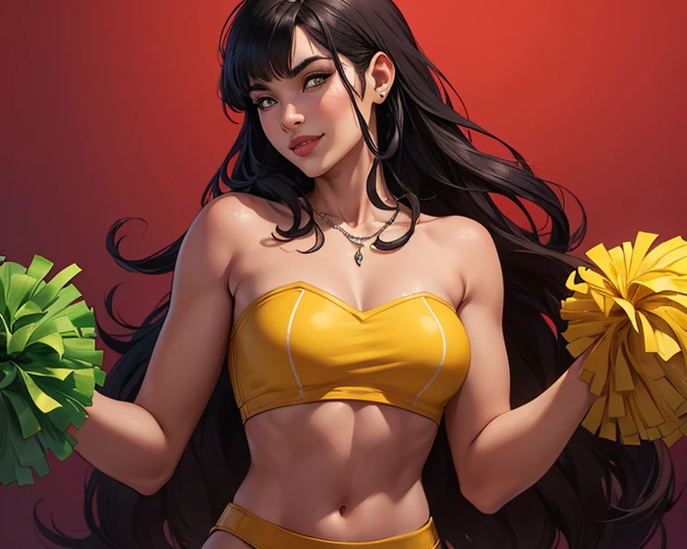 (best quality,4k,8k,highres,masterpiece:1.2),ultra-detailed,(realistic,photorealistic,photo-realistic:1.37),sexy cheerleader,brown-haired cheerleader,green-eyed cheerleader,green and red outfit,beautiful face,long and curly brown hair,detailed eyes and face,wearing a tight and revealing cheerleader outfit,busty cheerleader with large breasts,confident and seductive expression,ponytail hairstyle,dancing with high energy,pompoms in hand,cheerleader in a dynamic pose,athletic build and toned body,perfectly applied makeup,cheerleader with a radiant smile,sparkling green eyes,focus on the cheerleader's sexy and shapely figure,background with a stadium filled with cheering fans,vivid colors and realistic details,studio lighting to enhance the cheerleader's features,photography style for a captivating and glamorous result