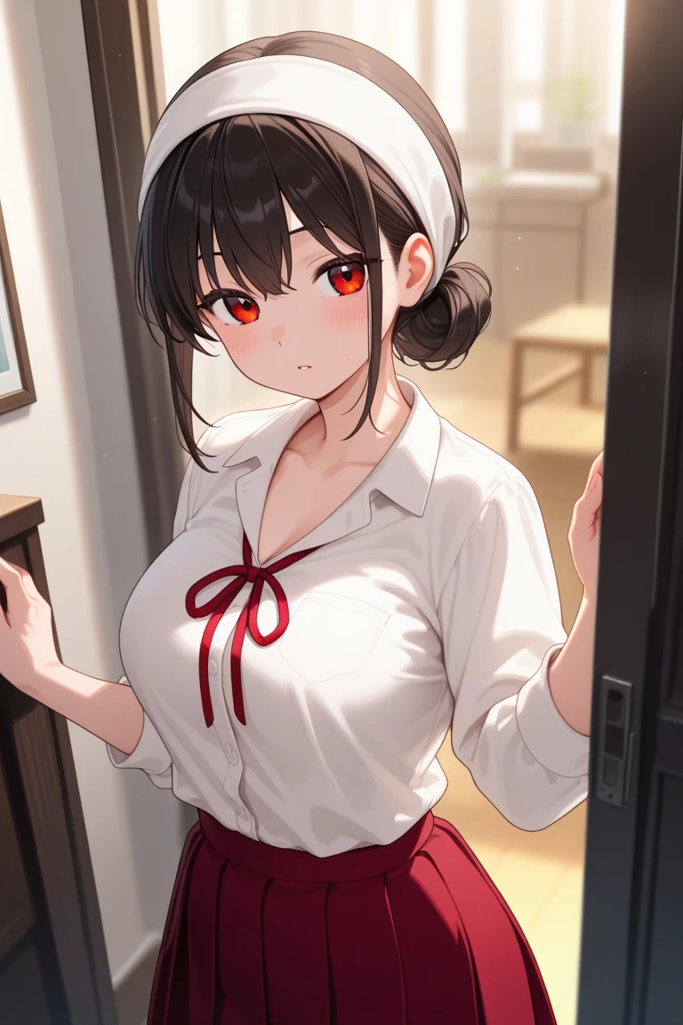 Top view angle、(((White short sleeve elegant blouse、Red long skirt、Clasp your hands in front of your waist))),(((Looking up at an apartment building、Anxious expression)))Mid-length bob cut hair:1.9. Very large breasts:1.6、(((1 Female:1.3))), (((Brown Hair:1.3. Wavy Hair:1.6. Bob Cut Hair:1.9 Round Eyes Beauty:1.3. Shapely breasts, brown eyes, side-swept bangs, red cheeks:1.3 Sweat:1.3)))、(((Top quality masterpiece high resolution perfect human body:1.3))),(((Sweat:1.3,cute:1.3)))