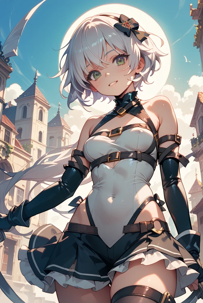 masterpiece, medieval townscape　horizon　Upper body　girl　((((white bikini armor)))), nsfw,　spread legs　hands behind head　clear　blonde two tone hair, 　((((((hair over one eye)))))), Braid Styles, spiked hair, blunt bangs, bob hair, a braid, Ahoge　red eyes　looking at the viewer　　adventurer　((from front)), open mouth, scared, standing, spread legs, spoken heart　,greaves