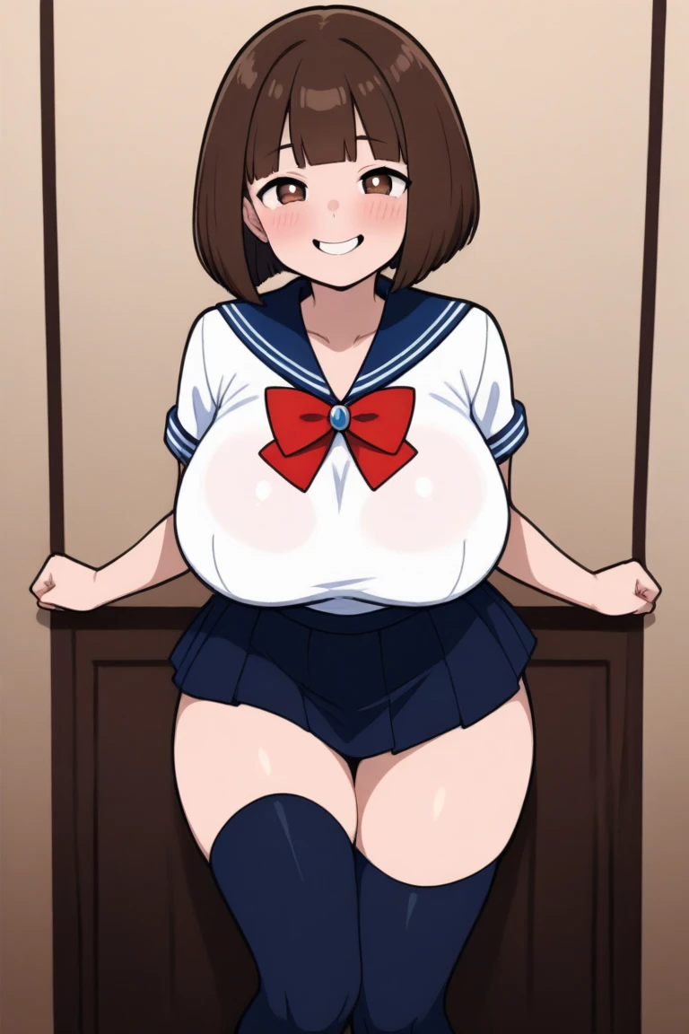 (perfect body),highest quality,16k、Masseter muscle part、((NSFW))、(((blush)))、((((embarrassing))))、:d、one eye closed、Treefe○lumes、short hair、(brown eyes),((brown hair))、parted bangs、(Forehead)、(Sweat)、(big ass)、huge breasts、swollen nipples、((thick thighs))、(blue bunny suit)、(brown stockings)、(Party Venue)、chandelier、red carpet、Hands behind the body、(legs spread)、Sitting at the table