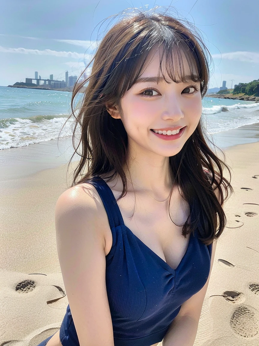Solo Focus, 1girl in, (light smile:0.8), [:(extra detailed face):0.1], Detailed eyes, Facing left// (Sandy beach, Beach), // (polka dots Bikini, off shoulders, Side tie strapless), // black and brown hair, Long hair, flat bangs,// Cinematic Light, Ray tracing, high quality shadow, (masterpiece, Realistic, Photorealistic:1.2), Perfect Anatomy, Physically-based rendering, modernist, Huge breasts, (Full body:1.3)