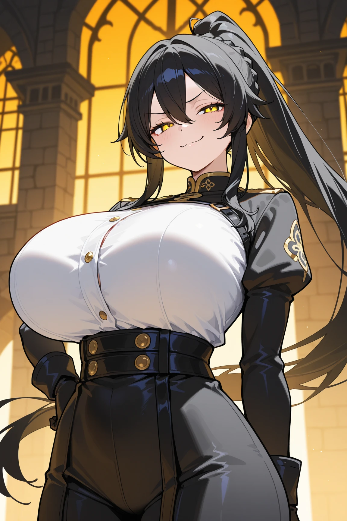 black hair, black colored dress, yellow eyes, slim elf ears,  gigantic breasts, smiling, cleavage, ultra-detailed(best quality,highres:1.2), ultra-detailed eyes