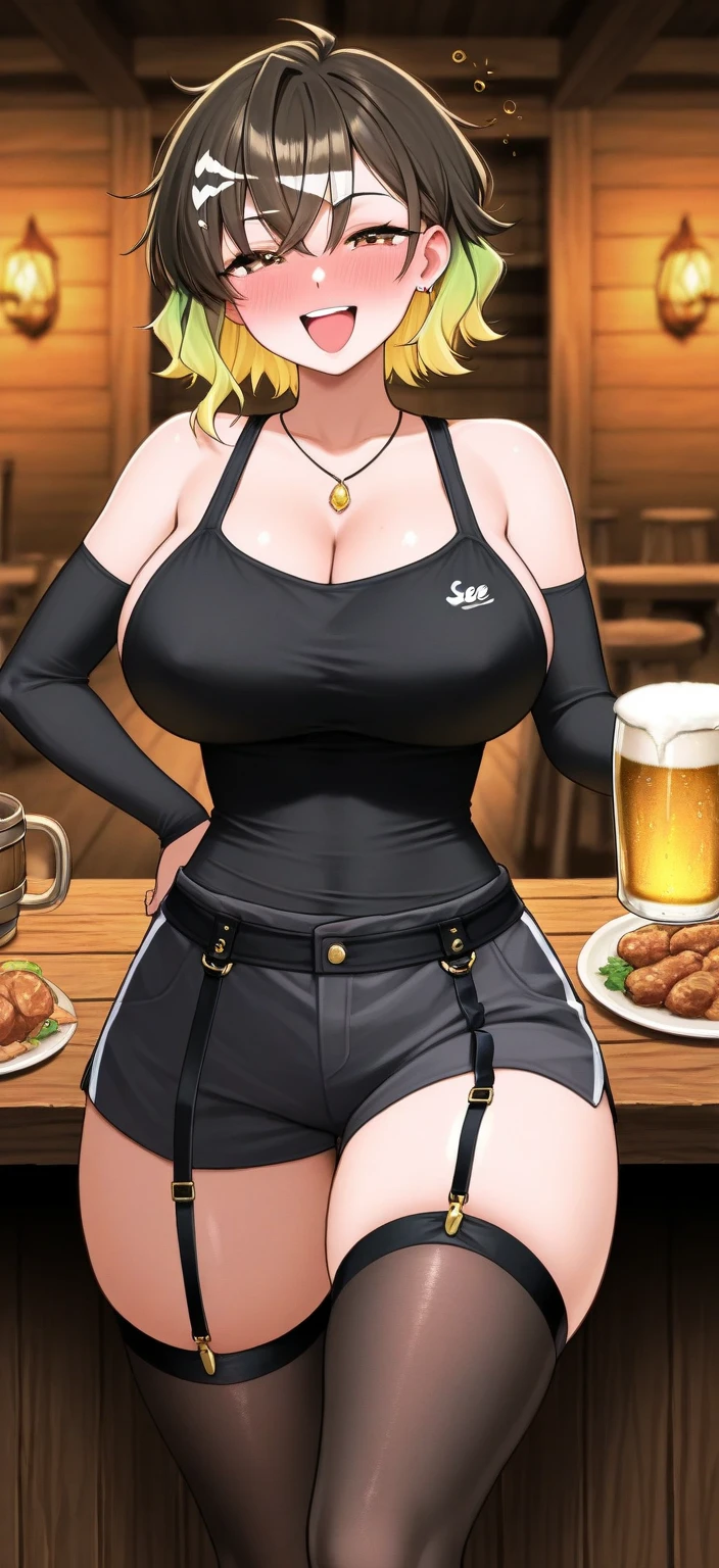 ((cinematic light)), hyper detail, dramatic light, intricate details, (best quality:1.2), highly detailed,Anime, Moe, illustration, (wallpaper, masterpiece, best quality, ultra-detailed, best shadow), (detailed background:1.4), (beautiful detailed face, beautiful detailed eyes), high contrast, (best illumination, an extremely delicate and beautiful), BREAK
(1girl:1.3), solo, white camisole, short pants, black glasses, Hand holding a glass of beer, simple background, full body, shy, blush, embarrassed, Drunk, (milf:1.3), tongue out, black stocking on foot, (1 beer:1.3), (old women:1.4),