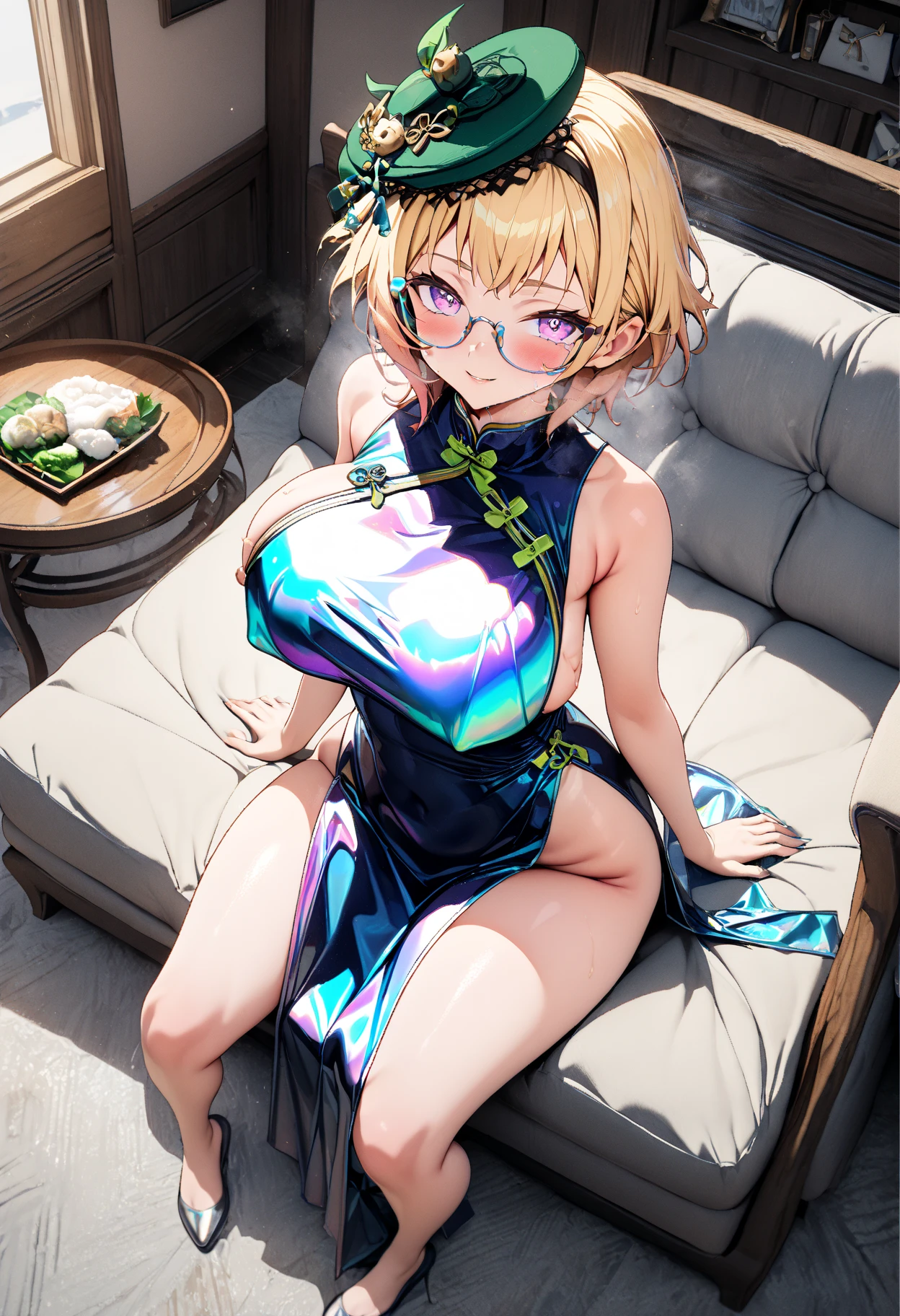 Taiwanese gravure idols　Glasses　gal makeup　Bright blonde short hair with bangs　smoky makeup black eyeshadow　Plump cheeks　round face　((Super shiny purple metallic cheongsam))　Cyberpunk night city　Gloss rouge bright red lips　big breasts　cleavage　(beautiful armpits)　((Mature woman showing her armpits))　sweaty armpits　A shiny body wet with sweat　I look at you, feeling embarrassed and sweaty.　My cheeks are flushed and I shyly show my armpits.　Depicted from above　((Close-up shot of someone trying to hug me with both arms outstretched))