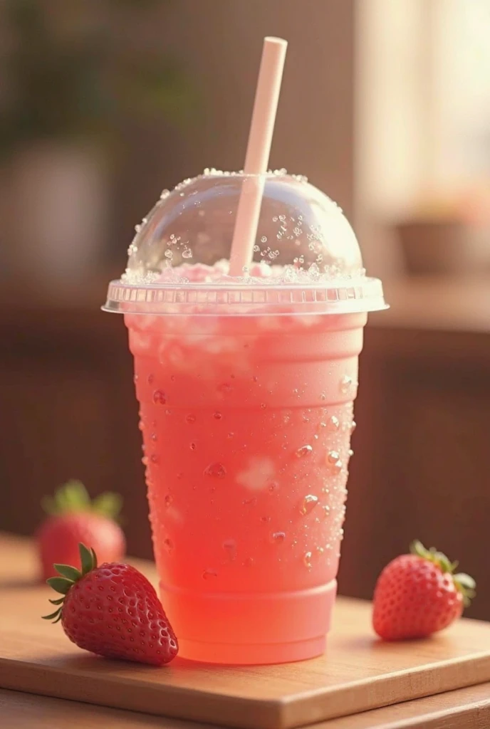 A bright red slush with a Coca-Cola logo. Set on a wooden picnic table in a park with kids playing in the background.
