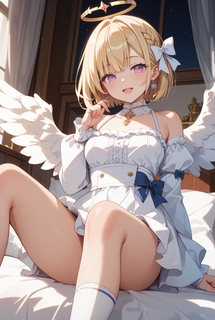 black rose fairy kisses the flower. That fairy is smaller than a flower. The neat costume gives off a mysterious luster. flower field, Natural light,(Best Quality), (masutepiece:1.3), Ultra-detailed, Best Quality, masutepiece, (Game CG:1.4), NSFW, Detailed beautiful face and eyes,Burst breasts、, large full breasts、 、、, (masutepiece, Best Quality), (Photorealistic:1.37), Raw photo, hight resolution, (high detailed face), Frontal,
masterpiece, super fine illustration, best quality, light particles, ultra-detailed, 8K wallpaper, (bright colors:1.2), solo, ((a )), big breasts, (blonde hair), disheveled hair, short hair, twintail, two side up hair, scrunchie, curly hair, shiny hair, shiny skin, (wearing pale pink and white horizontal striped dress, short sleeve), (frilled miniskirt), (white legwear), ((horizontal striped panty)), (beautiful green eyes, shiny eyes, big eyes), affectionate smile, seductive smile, closed mouth, blush cheeks, (naughty room), (pink bed), (pink pillows), (pink curtain), looking back, get down all fours, nsfw,