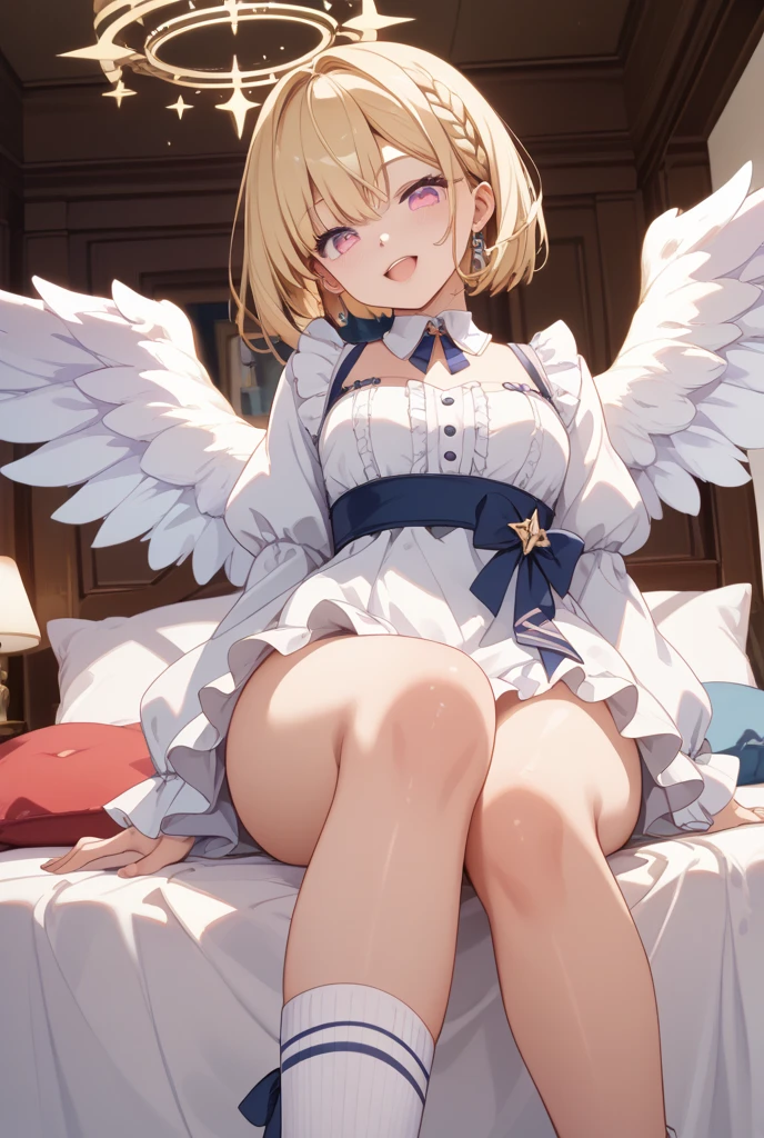 (((1girl))), ((best quality)), ((masterpiece)), ((ultra-detailed)), (illustration), (detailed light), (an extremely delicate and beautiful), (beautiful detailed eyes), (sunlight), ((extremely light)), 

(((( and a pleated skirt)))),
school girl,

wavy short manish bob, (((yellow gold hair))), (((short hair))), 
(((deep red eyes))), 

(((angelic clothes))), (((((angel wings))))), (((angel halo))),

((whole body)), aged 14 to 17, 
diamond, beautiful, ((extra elegant)), (((condescending expression))), (sexually mischievous smile),  (((extra adorable))), (((extra slender shape))), 

(((((sitting on her knees on the magic circle))))), 

((((exposed white and pearl whity gold panties)))), (((extraordinarily thin thighs)))