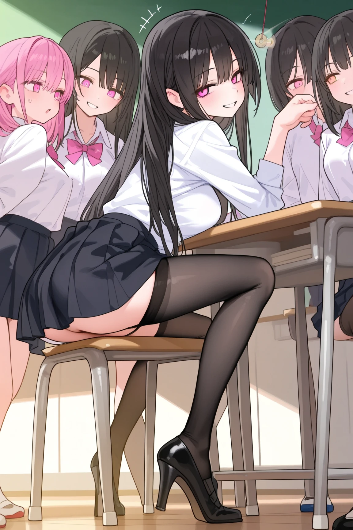 highest quality、masterpiece、((2 girls:1.5))、((Ahoge))、(blush:1.5)、(smile:1.5)、((fun!!))、cute、()、、high school girl、((classroom:1.5))、()、、Kamimei、look at me、(No panties:1.3)、((shaved pussy:1.5)), ((red bow tie, , black jacket, open jacket, white cardigan, white shirt, black skirt, plaid skirt、black socks))、 (No panties:1.3)、((shaved pussy:1.5))、(highly detailed closed labia:1.5)、((pee is coming out:1.8))、peeing、