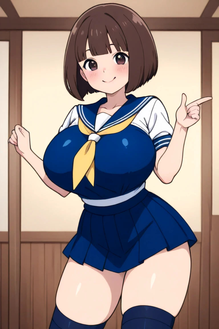 (perfect body),highest quality,16k、Masseter muscle part、((NSFW))、(((blush)))、((((embarrassing))))、smile、Treefe○lumes、short hair、(brown eyes),((brown hair))、parted bangs、(Forehead)、(Sweat)、(big ass)、huge breasts、swollen nipples、((thick thighs))、(blue bunny suit)、(brown stockings)、(Party Venue)、both armpits、hands outstretched、standing at the table