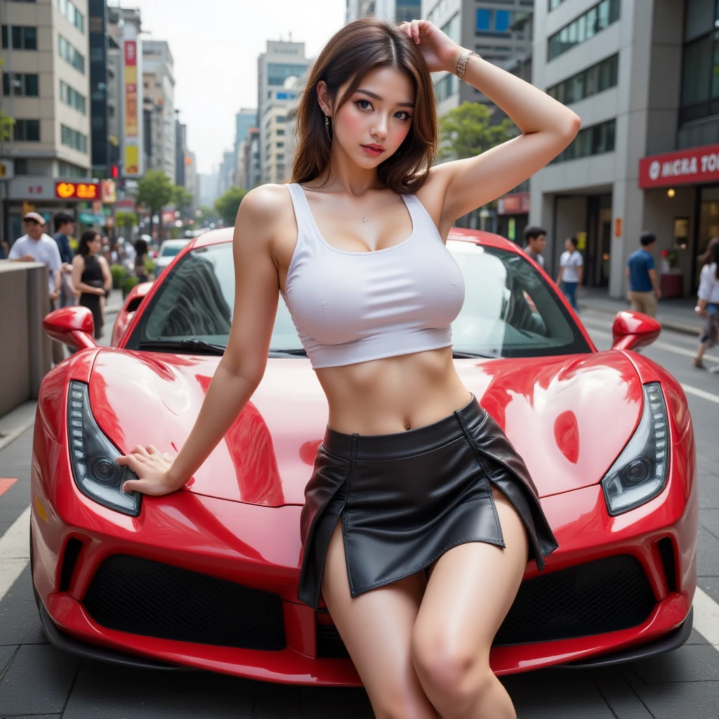 perfect pink eyes, fantastic face, Indian, beautiful appearance, ((red lips, bright eyes, 1.5 curve heiress)), ((beautiful details of medium breasts)), (round cleavage, not sagging breasts), A very beautiful, noble beautiful face, beautiful face, bright eyes, elegant black printed skirt, elegant hair updo, Honda brand car display background, inside the showroom, ultra focus, radiant face, facial details, 8k resolution, painted, dry brush, brush strokes, razumov style and garmash style, by Tokaito, "A 20 year old girl with medium breasts, wearing a black suit like a secretary outfit. She has long black hair with bangs, red eyes. She wears an id card necklace. full body. wide angle camera."