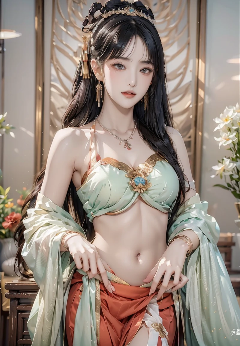 Bust photo, a beautiful woman, messy hair, girly, symmetrical bun, hair accessories, jewelry, delicate face, eye shadow, delicate cyan top, bare shoulders, navel, bare belly, Dunhuang style, a lot of streamers, delicate skin, soft light effects, delicate and smooth hair, delicate details, eye highlights, fair skin, fine portrayal, extreme details, cinematic quality, thin, slender, broken, hair details, thin bangs, shawl hair, correct body, shadows, air bangs, 8K, super detailed, Fine fabric texture, soft, supple, smooth texture, Dunhuang style, delicate pattern, correct hand painting, smile, tsurime, Surrealism, ray tracing, UHD, high details, super detail, highres, 8k, high quality, high details, textured skin, ccurate