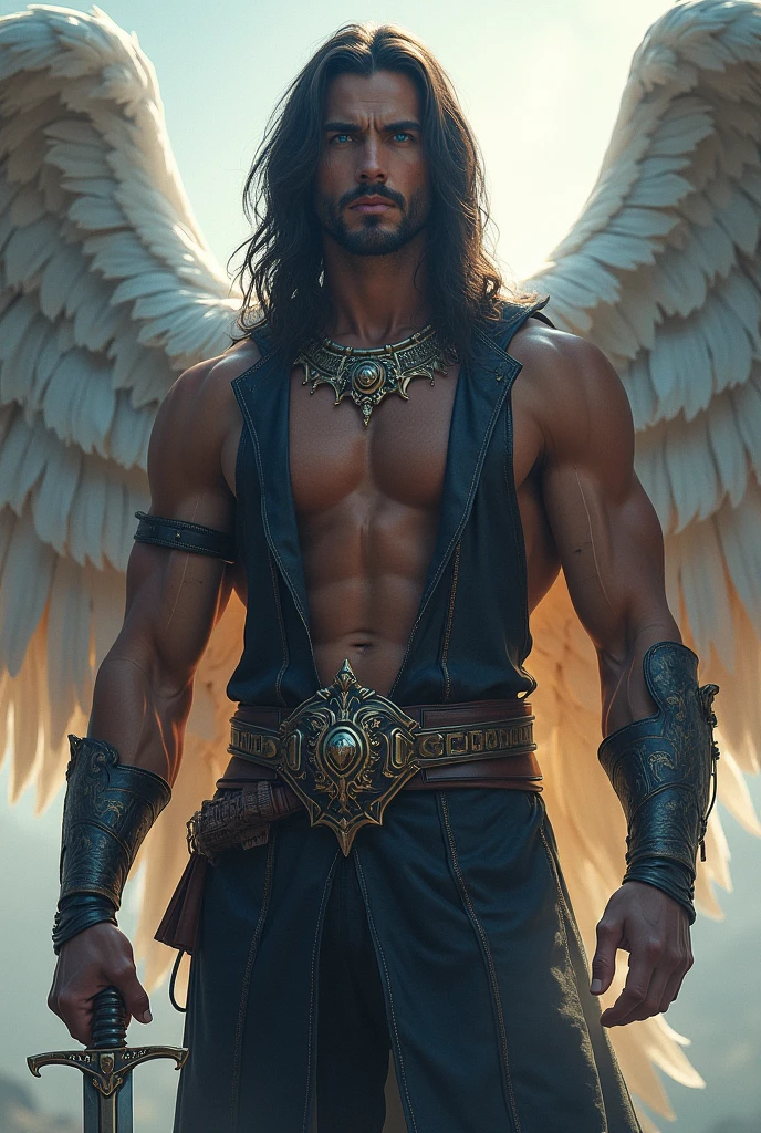 Tall man with human features , dark skin 
,wide arms flat stomach good body angel wings black eyes prominent lips front view horns on the sides semi long hair simulation. To the times before Christ