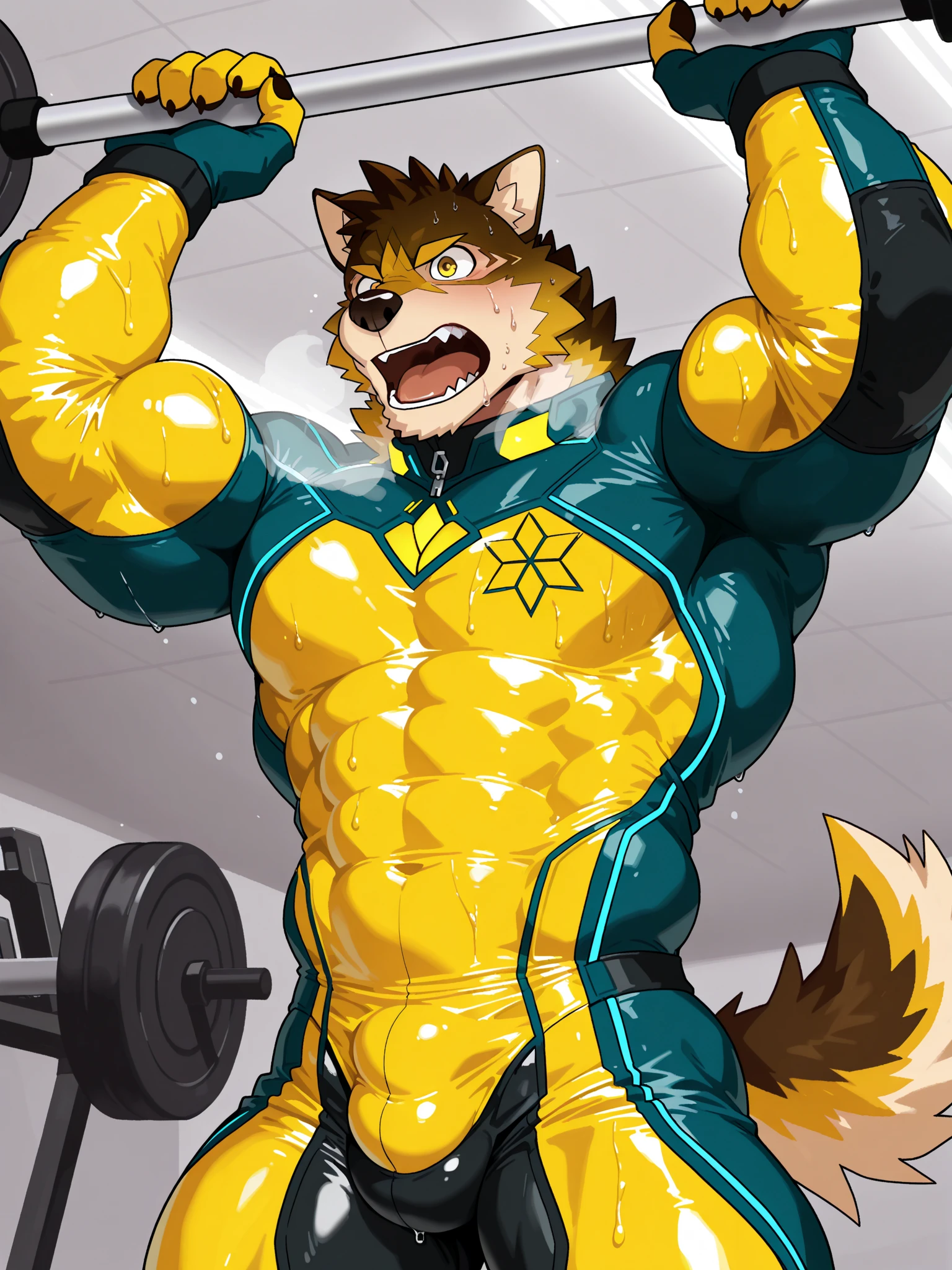 Medium muscular, (Ajani Goldmane (Magic: the Gathering)), (sfw), furred, white fur, white mane, high detailed, no shirt, no pants, no shorts, speedo, anatomically correct genitals, lion genitals, massive bulge, big bulge, large bulge, bulge as big as his head, (((full body shot))), (((sweaty))), arms above head, spread legs, spread feet, standing up, open mouth, smiling, joyful expression, tongue hanging out of mouth, drooling, breathing hard, standing in a gym locker room, bedroom eyes, hairy armpits, hairy lower chest, hairy chest, mystikfox61, chunie, darkgem