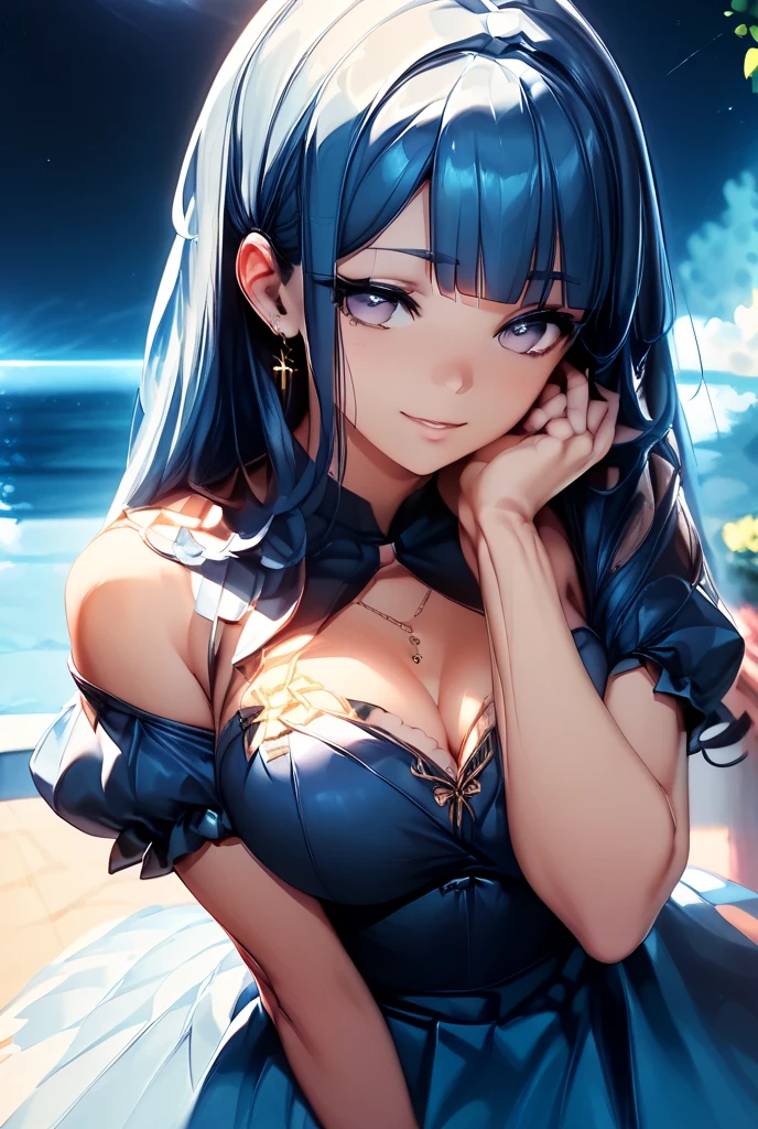 masterpiece、highest quality、High resolution、high quality images、8K, 1 female、skin luster、Texture of skin and clothing、Expression of fine eyes、shiny blue hair,Girl with long blue hair, Manga inspired by Lee Jong-suk, trending on deviantart, realism, detailed manga style, manga art style, perfect line drawing, beautiful line drawing, digital manga art girl, K-POPアイドル, dress, beautiful blue eyes, plump lips, detailed gorgeous face, (cute smile), charm, innocent, Side view, (perfectly detailed face), (fine hands) photorealistic images, Depth of written boundary, half up hairstyle, シンデレラdress , tiara, cloud,sky sky,night ,star, garden,Rose,The skin is delicate,
